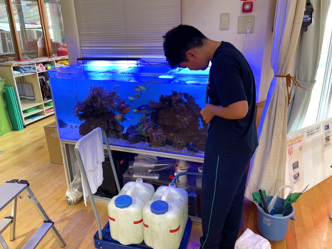 女の子が水槽の水抜き作業
